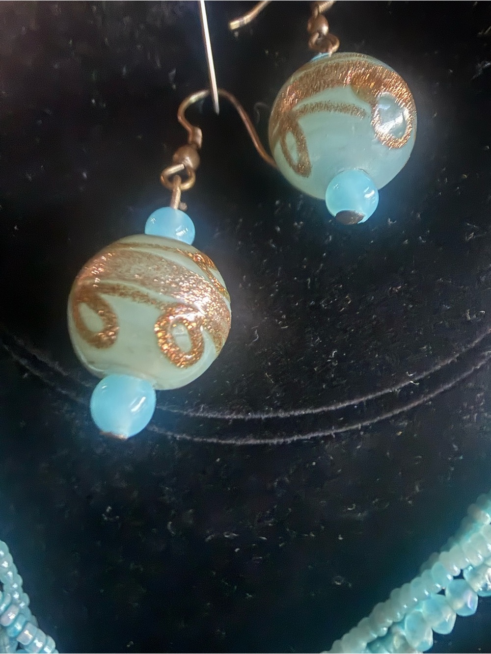 Handmade Aqua Blue Glass Bead Drop Necklace and Earrings with Gold Accent